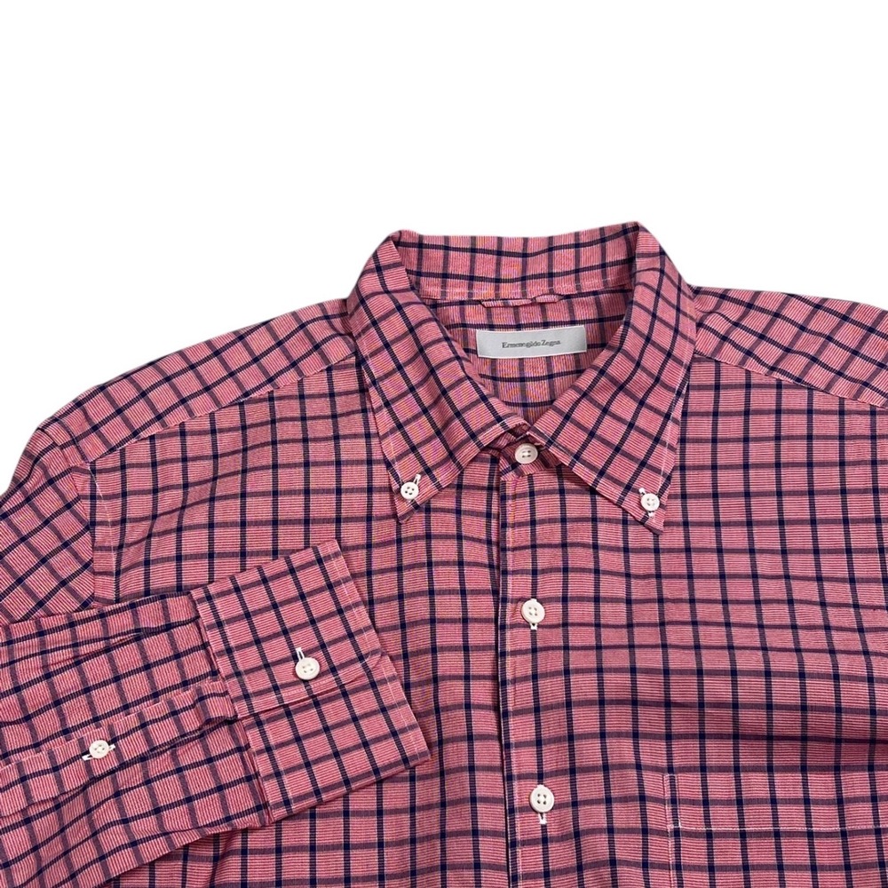 Ermenegildo Zegna Button Down Shirt Mens XXL Pink Navy Plaid Long Sleeve Cotton